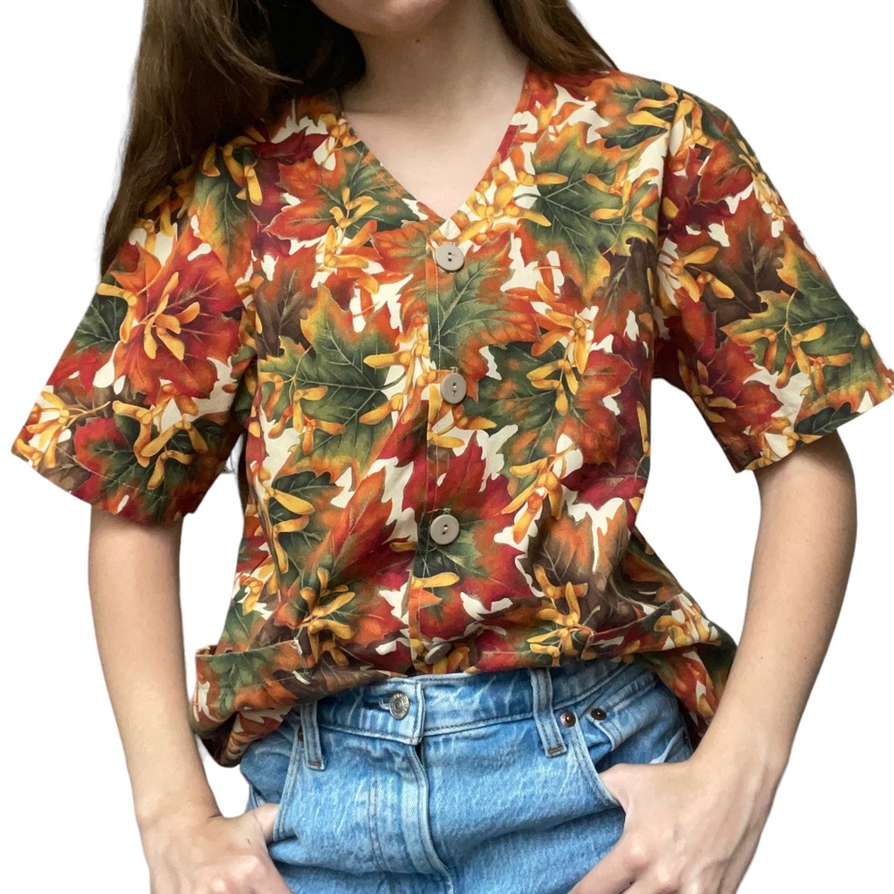 Vintage 80s Fall Floral Leaves Autumnal Harvest Button Down Back To School Top